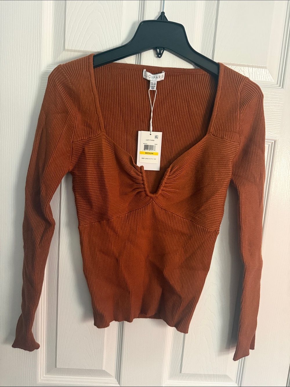 Lucy Paris Rust Twist-Front Ribbed Long Sleeve Top